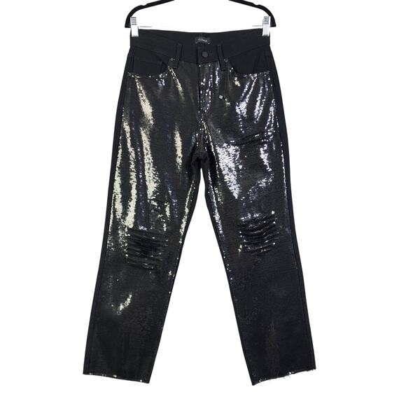 Express Womens High Waisted Sequin Front Ripped Raw Hem Straight Ankle Jeans 4R - Picture 2 of 13